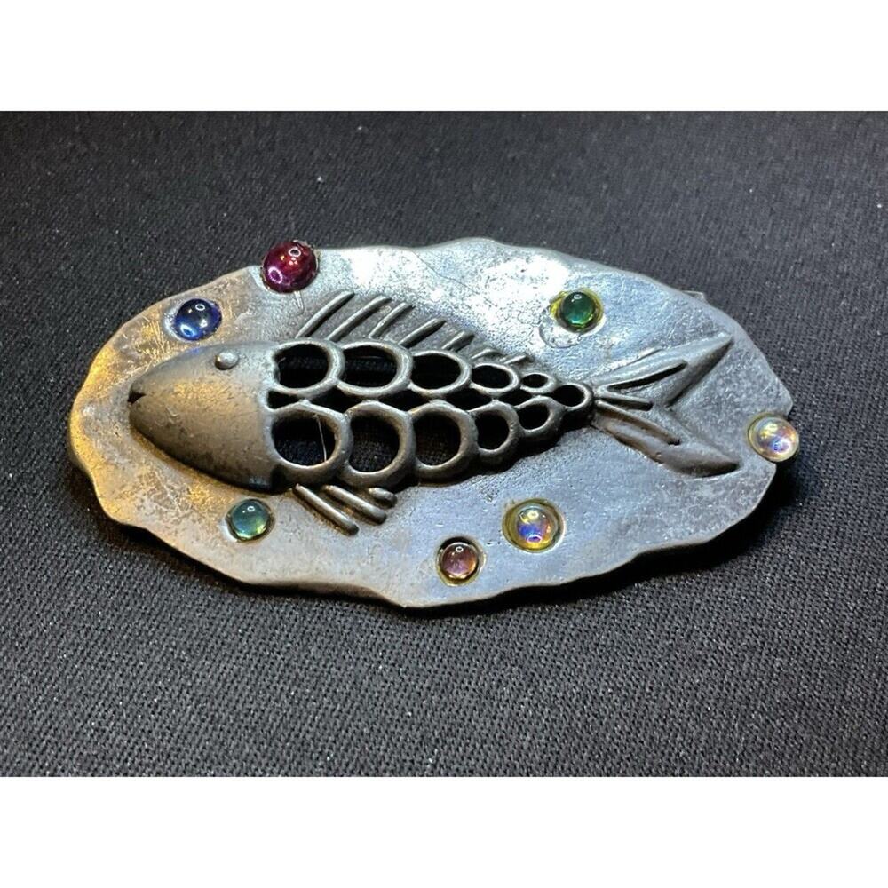 Vintage JJ Silver Tone Rhinestone Fish Brooch